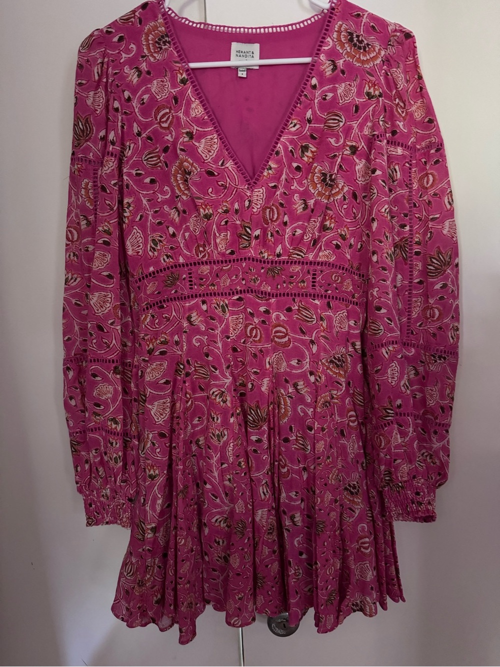HEMANT & NANDITA Bright Fuchsia Floral V-Neck Long Sleeve Dress